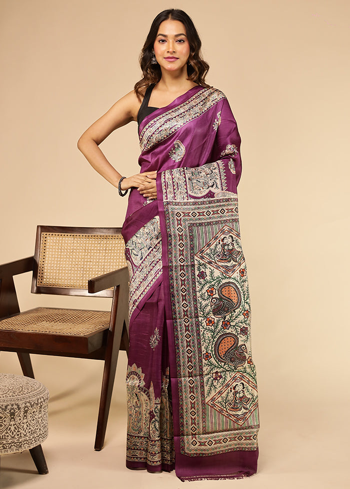Purple Printed Pure Silk Saree Without Blouse Piece