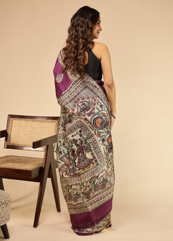 Purple Printed Pure Silk Saree Without Blouse Piece