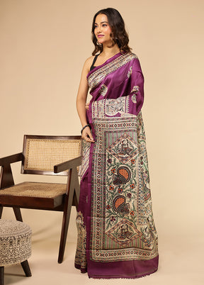Purple Printed Pure Silk Saree Without Blouse Piece