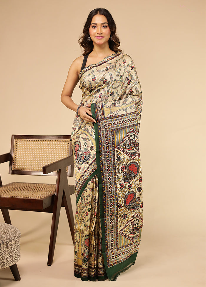 Cream Printed Pure Silk Saree Without Blouse Piece
