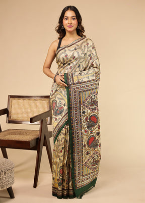 Cream Printed Pure Silk Saree Without Blouse Piece