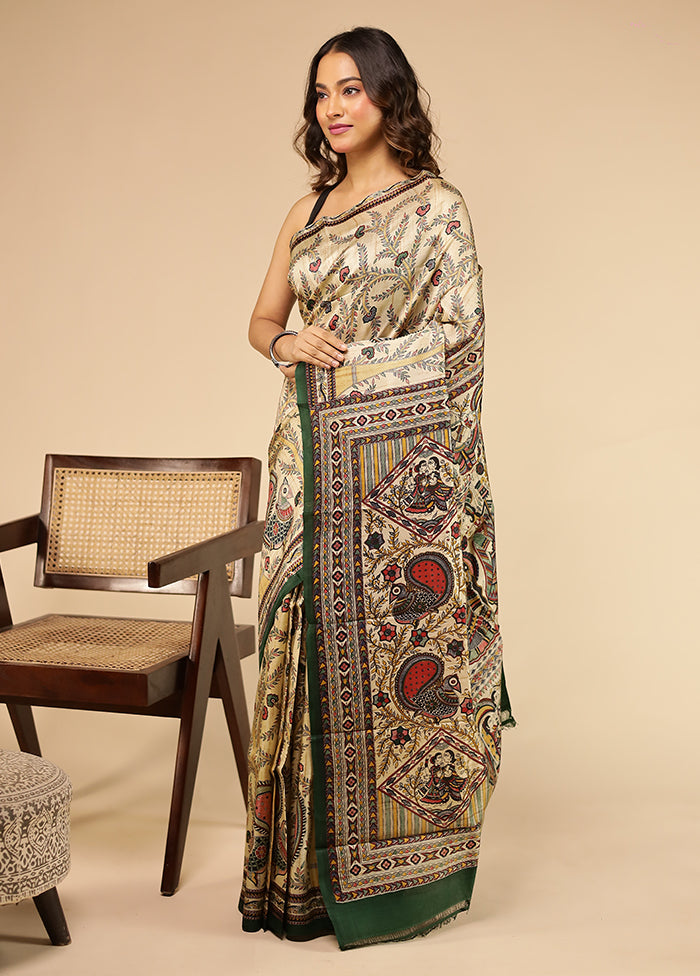 Cream Printed Pure Silk Saree Without Blouse Piece