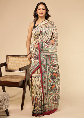 Cream Printed Pure Silk Saree With Blouse Piece