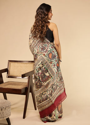 Cream Printed Pure Silk Saree Without Blouse Piece