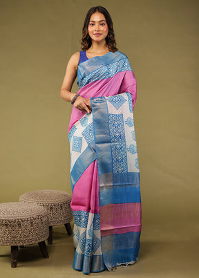 Blue Tussar Silk Saree With Blouse Piece