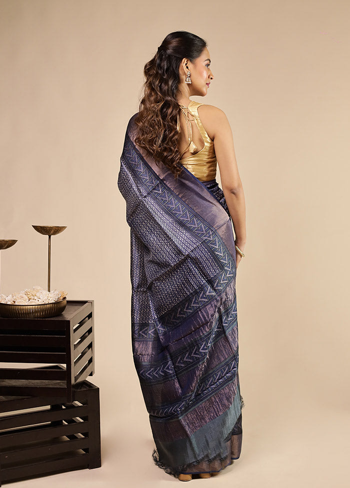 Blue Handloom Tussar Pure Silk Saree With Blouse Piece