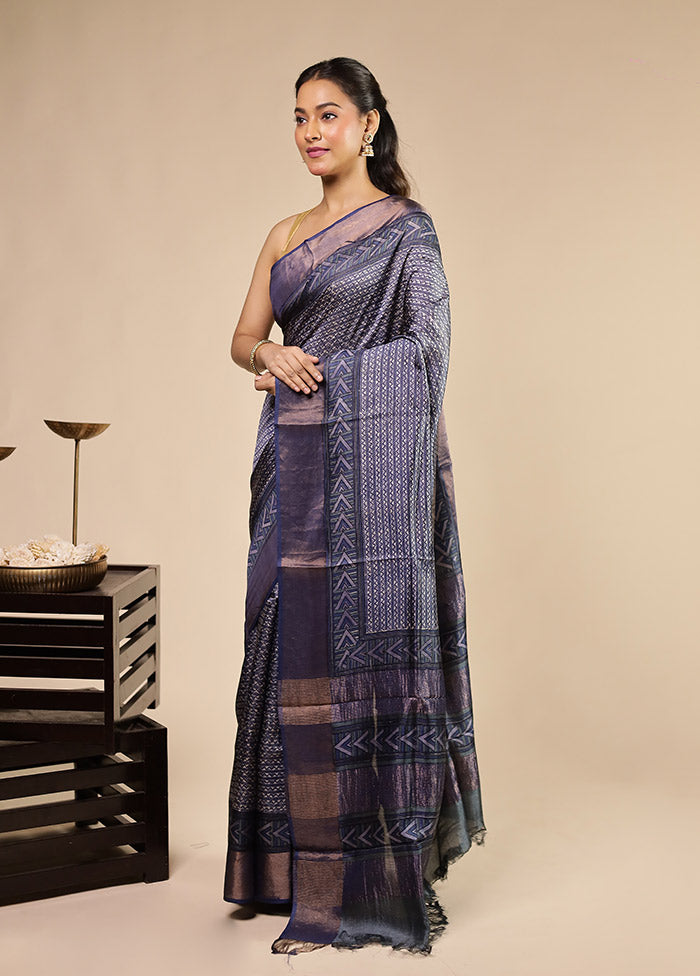 Blue Handloom Tussar Pure Silk Saree With Blouse Piece
