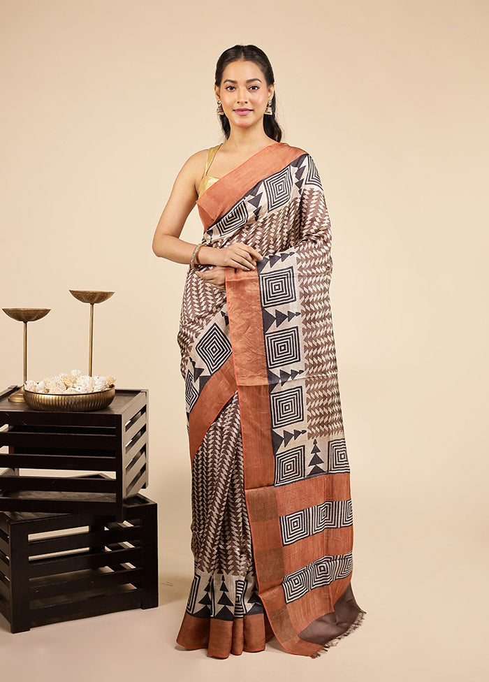 Grey Handloom Tussar Pure Silk Saree With Blouse Piece