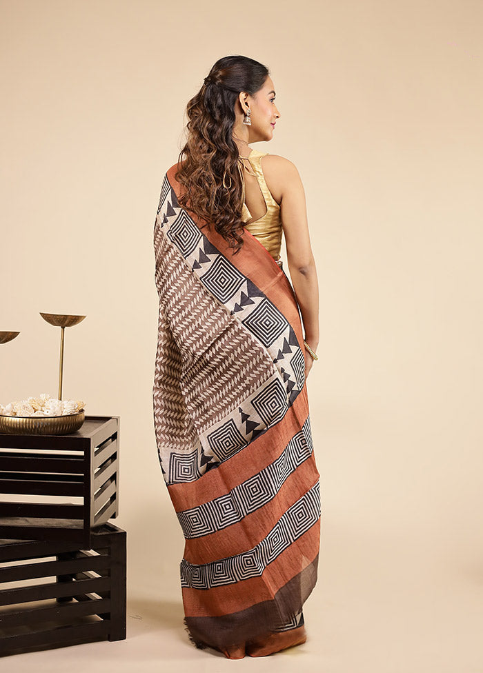 Brown Handloom Tussar Pure Silk Saree With Blouse Piece