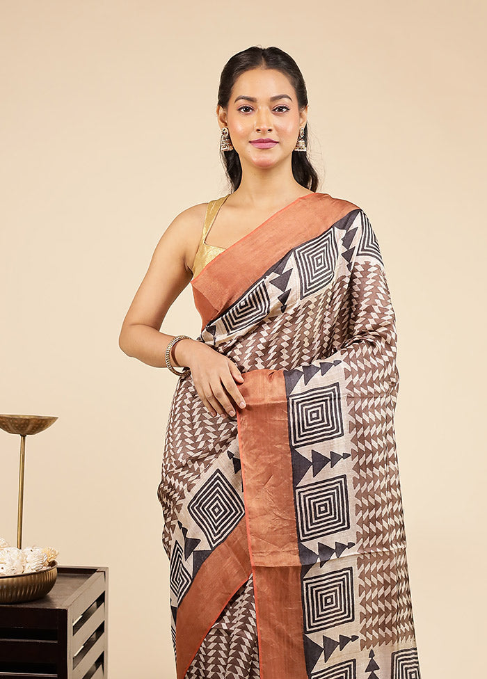 Brown Handloom Tussar Pure Silk Saree With Blouse Piece