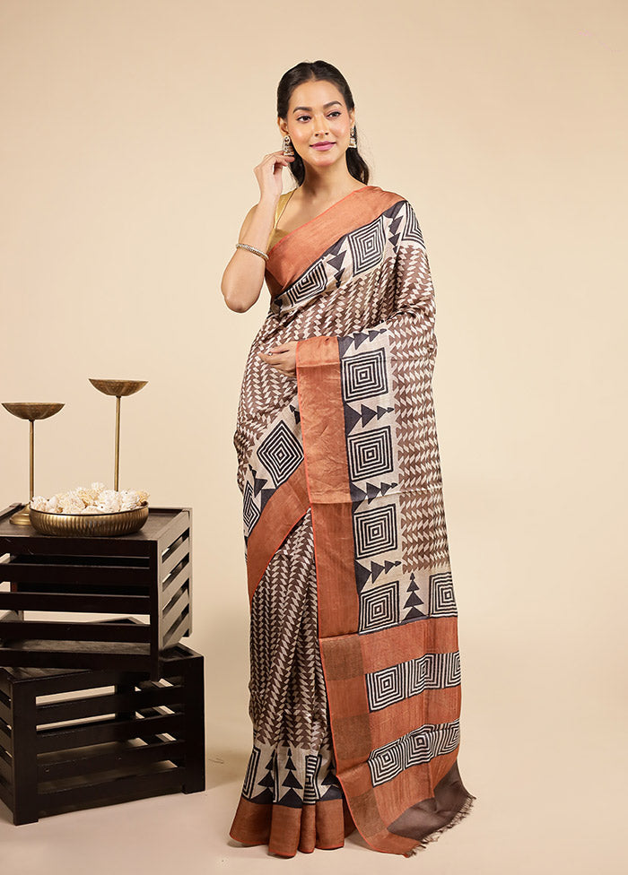 Brown Handloom Tussar Pure Silk Saree With Blouse Piece
