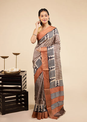 Grey Handloom Tussar Pure Silk Saree With Blouse Piece