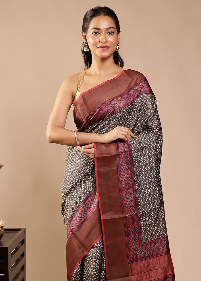 Maroon Handloom Tussar Pure Silk Saree With Blouse Piece
