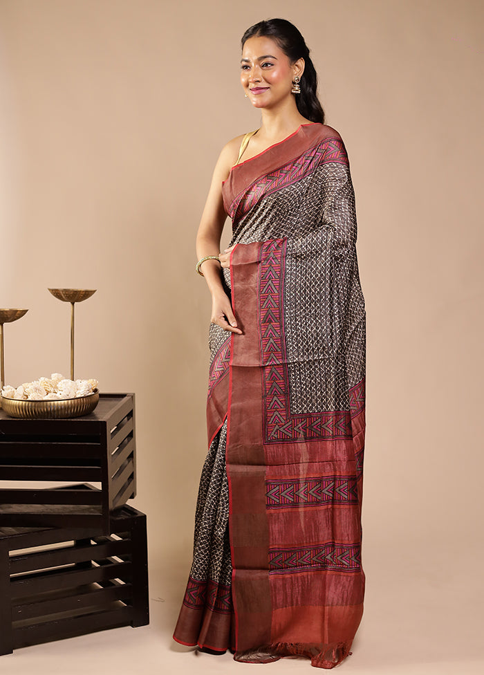 Maroon Handloom Tussar Pure Silk Saree With Blouse Piece
