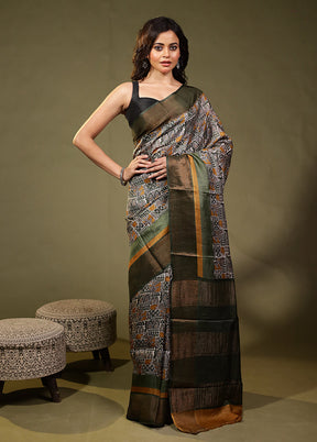 Grey Tussar Silk Saree With Blouse Piece