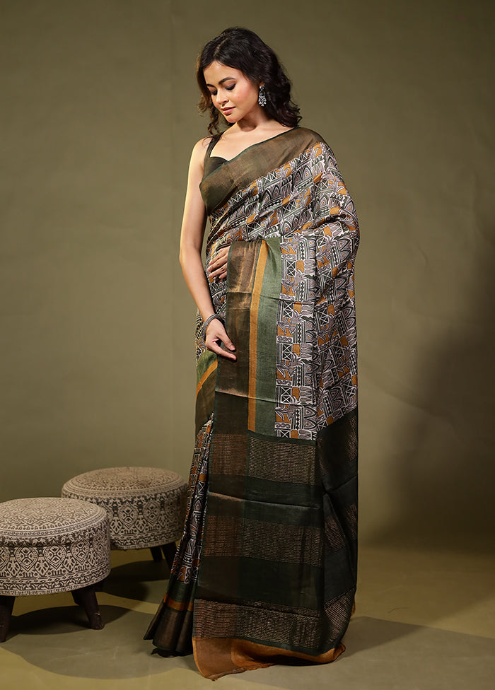 Grey Tussar Silk Saree With Blouse Piece