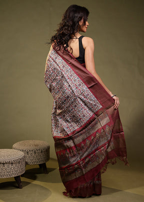 Maroon Tussar Silk Saree With Blouse Piece