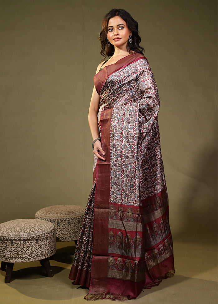 Maroon Tussar Silk Saree With Blouse Piece