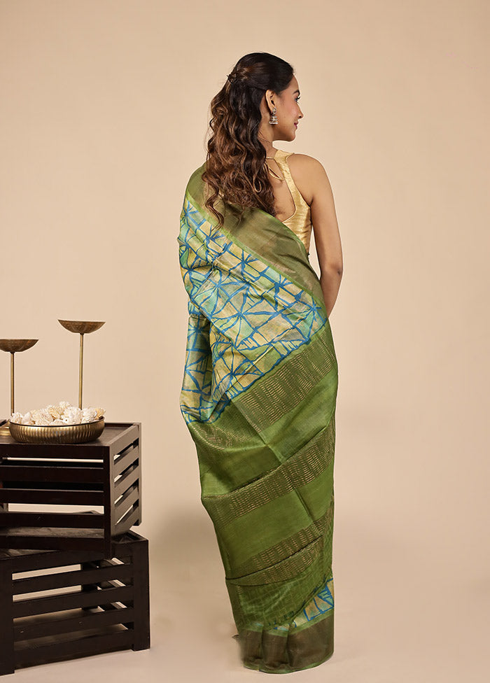 Green Handloom Tussar Pure Silk Saree With Blouse Piece