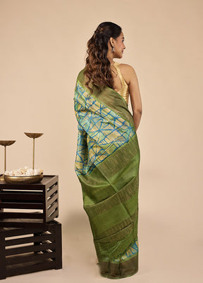 Green Handloom Tussar Pure Silk Saree With Blouse Piece