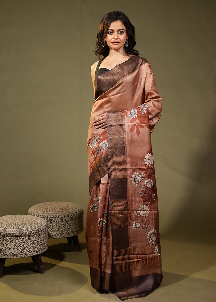 Brown Handloom Tussar Pure Silk Saree With Blouse Piece