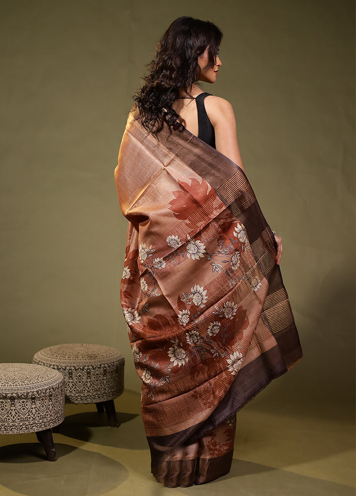 Brown Handloom Tussar Pure Silk Saree With Blouse Piece