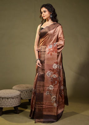 Brown Handloom Tussar Pure Silk Saree With Blouse Piece