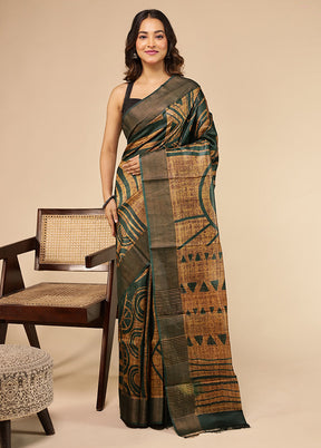 Green Handloom Tussar Pure Silk Saree With Blouse Piece