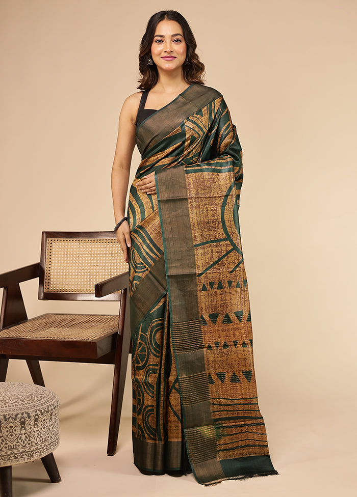 Green Handloom Tussar Pure Silk Saree With Blouse Piece