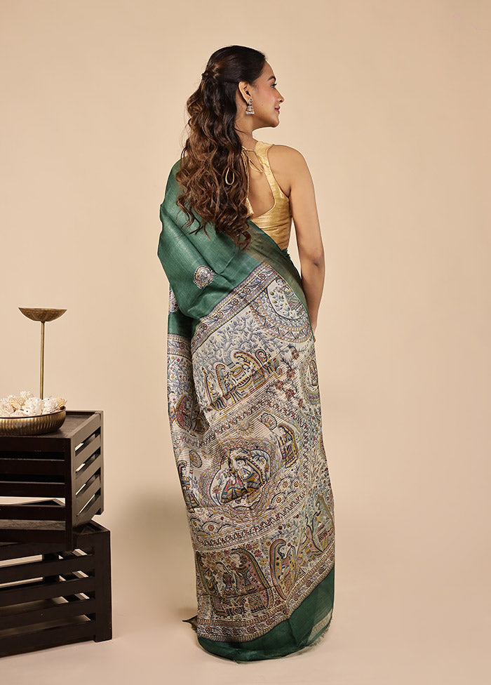 Green Handloom Tussar Pure Silk Saree With Blouse Piece