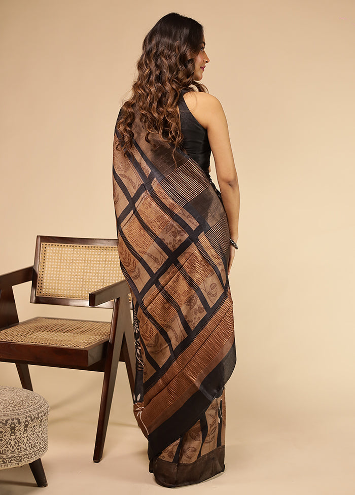Black Handloom Tussar Pure Silk Saree With Blouse Piece