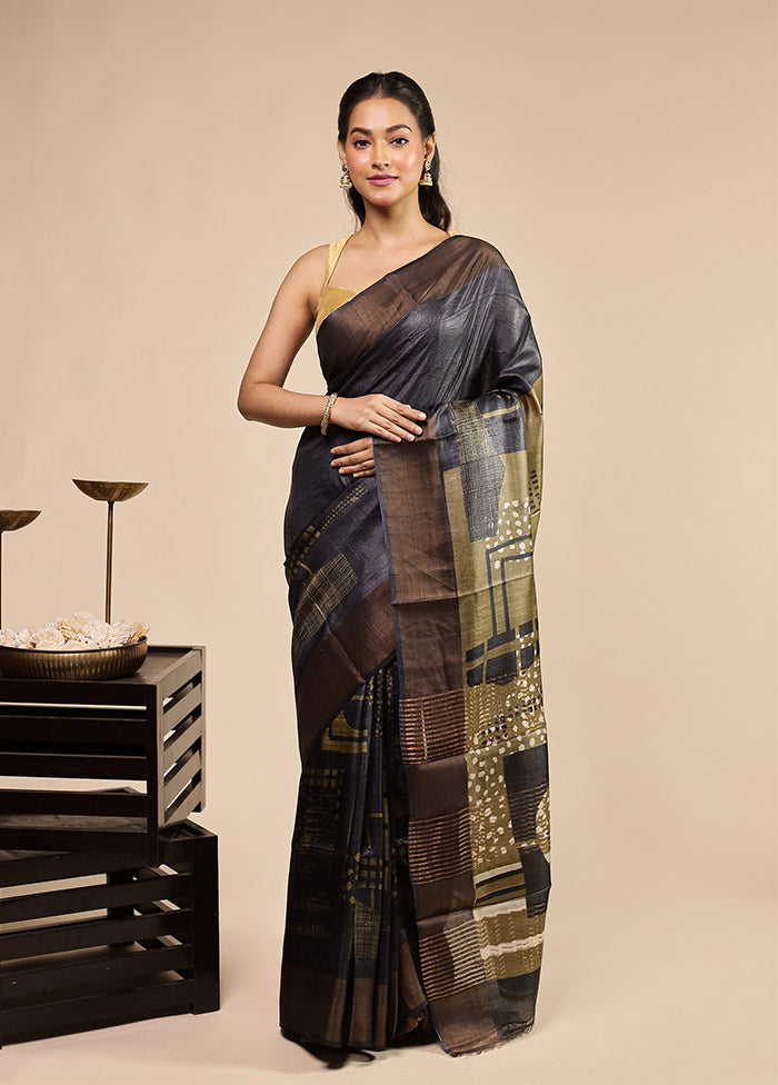 Blue Handloom Tussar Pure Silk Saree With Blouse Piece
