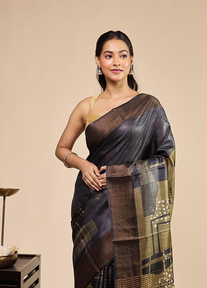 Blue Handloom Tussar Pure Silk Saree With Blouse Piece