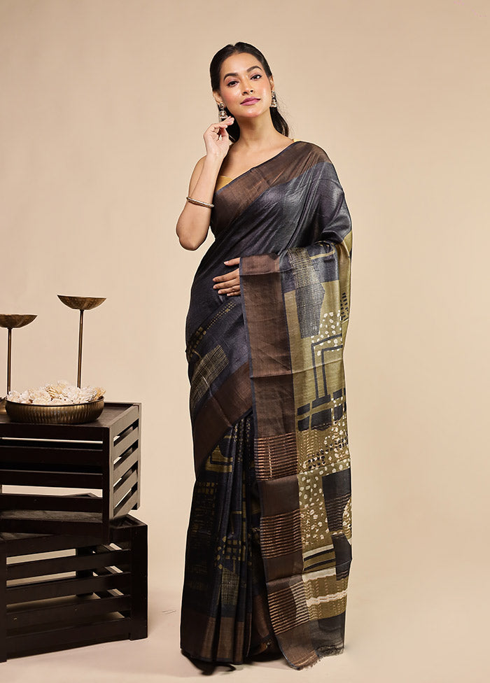 Blue Handloom Tussar Pure Silk Saree With Blouse Piece