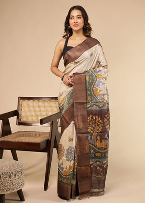 Cream Handloom Tussar Pure Silk Saree With Blouse Piece