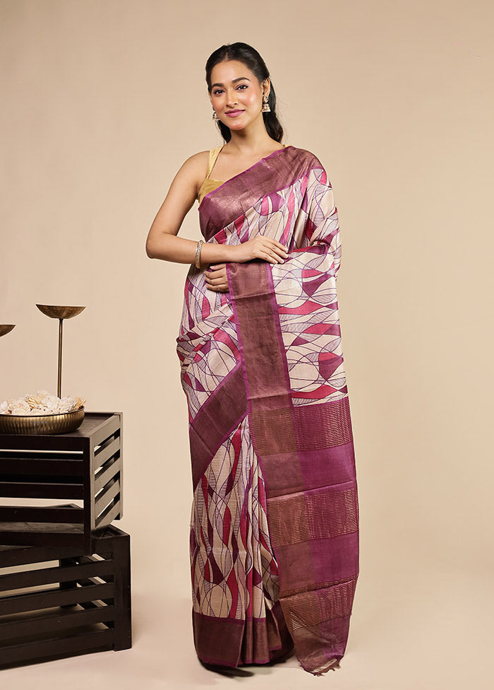 Purple Handloom Tussar Pure Silk Saree With Blouse Piece