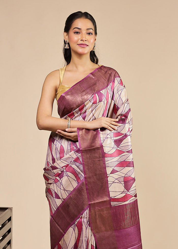 Cream Handloom Tussar Pure Silk Saree With Blouse Piece