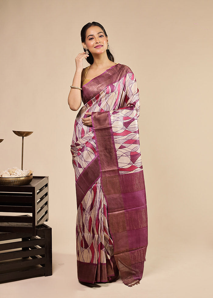 Purple Handloom Tussar Pure Silk Saree With Blouse Piece