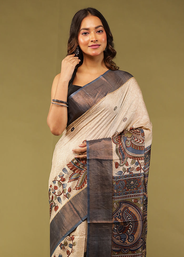 Cream Handloom Tussar Pure Silk Saree With Blouse Piece