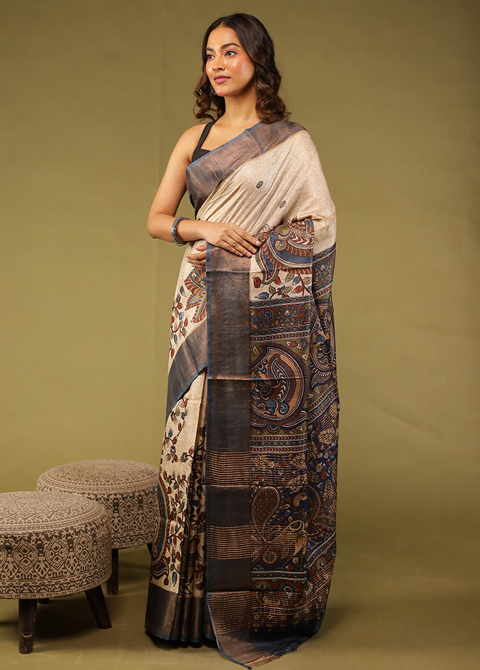 Cream Handloom Tussar Pure Silk Saree With Blouse Piece