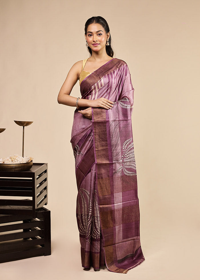 Purple Handloom Tussar Pure Silk Saree With Blouse Piece