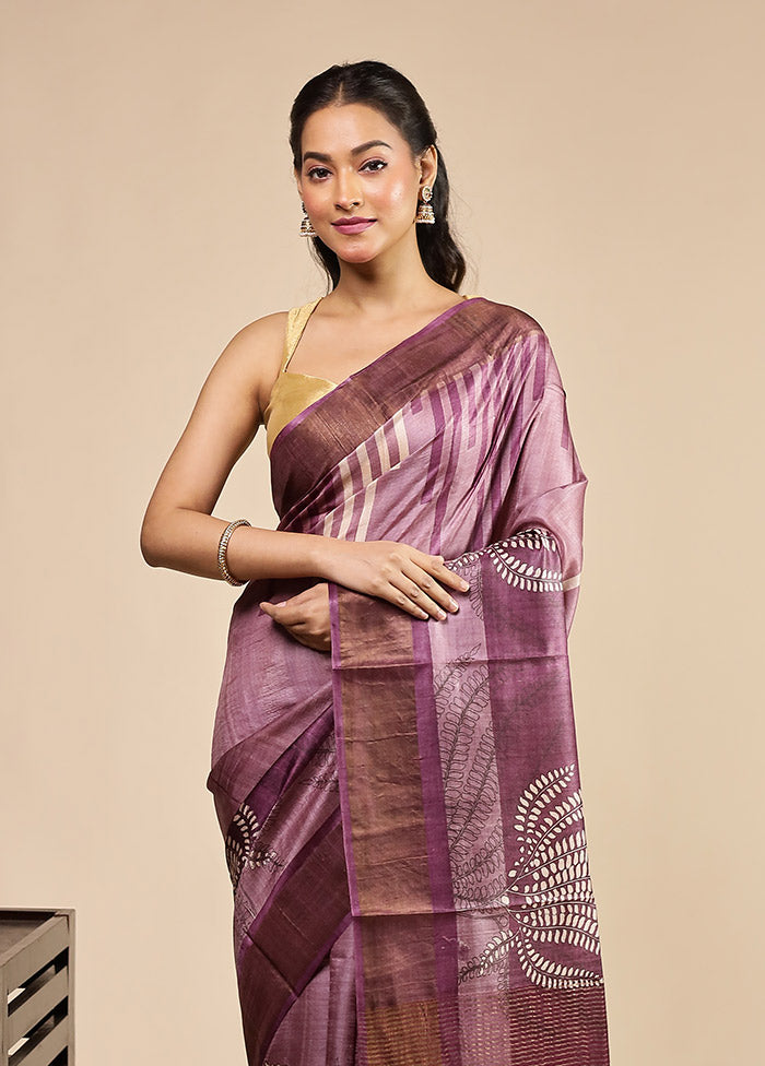 Purple Handloom Tussar Pure Silk Saree With Blouse Piece