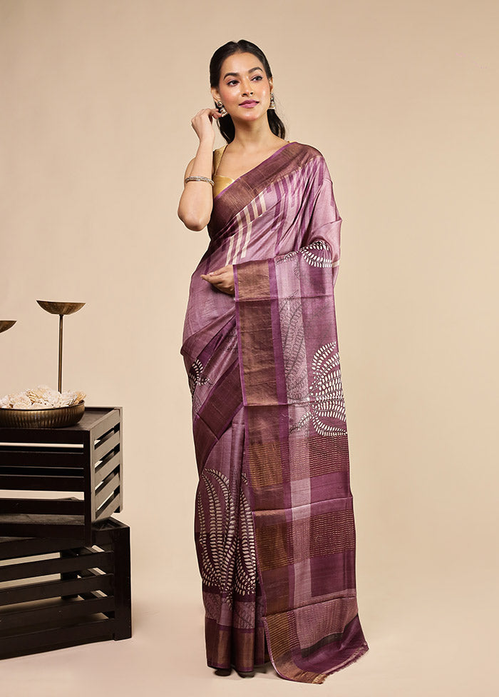 Purple Handloom Tussar Pure Silk Saree With Blouse Piece