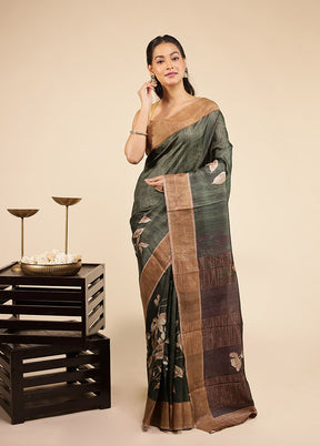 Green Handloom Tussar Pure Silk Saree With Blouse Piece