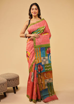 Multicolor Handloom Tussar Pure Silk Saree With Blouse Piece