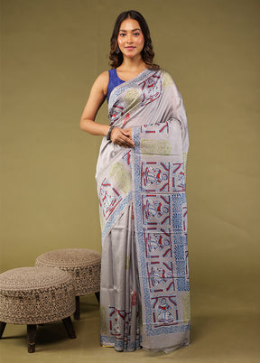 Grey Printed Pure Silk Saree Without Blouse Piece