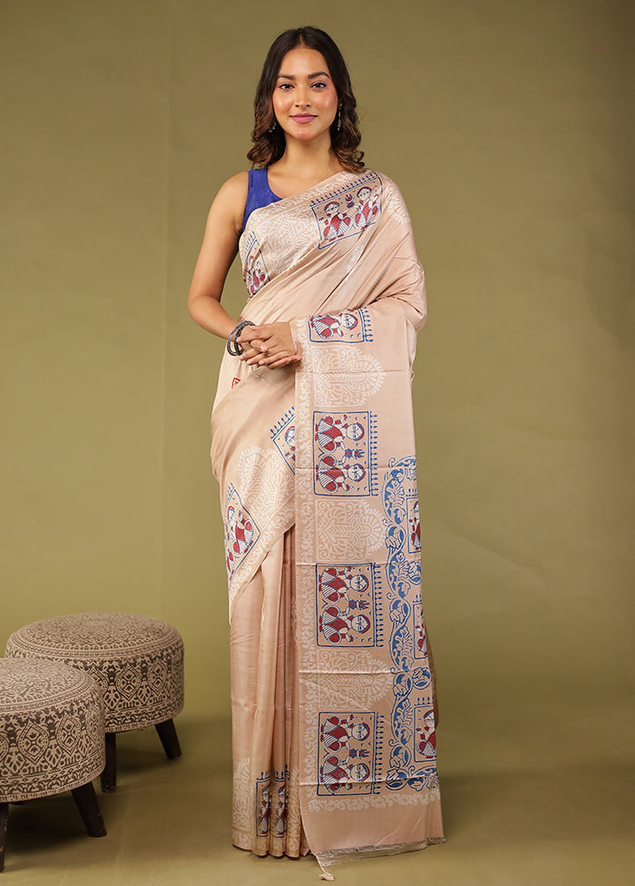 Cream Printed Pure Silk Saree With Blouse Piece