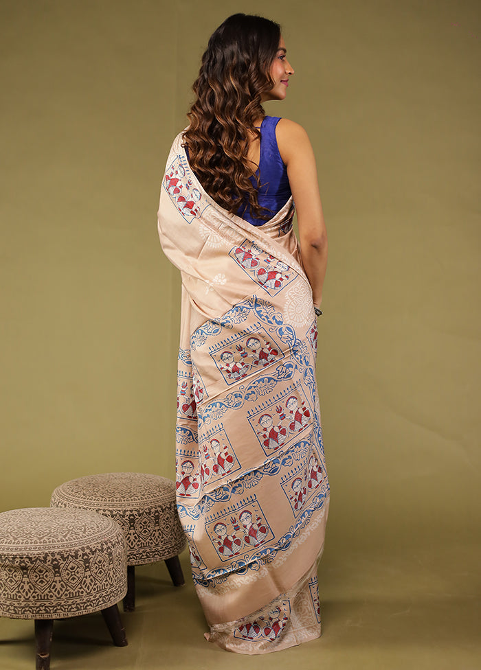Cream Printed Pure Silk Saree Without Blouse Piece