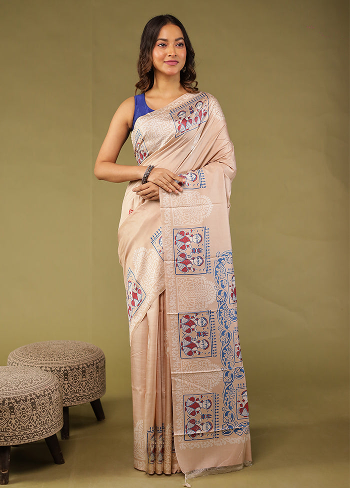 Cream Printed Pure Silk Saree With Blouse Piece