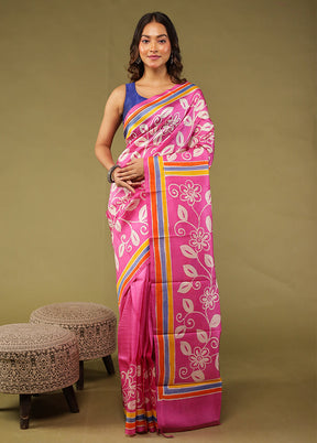 Pink Printed Pure Silk Saree With Blouse Piece